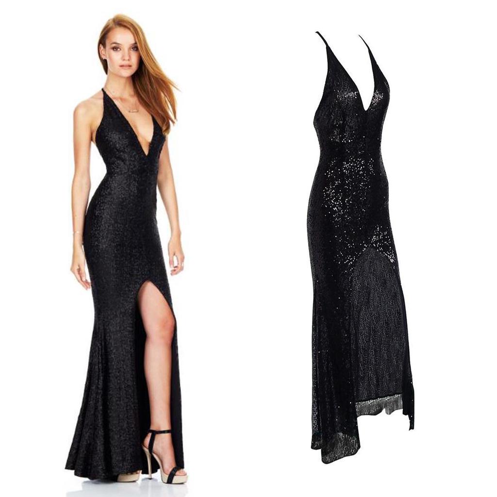 loukou Women Deep V Evening Dress Front Split Open Back Sequin Halter Dress Dresses loukou Women Deep V Evening Dress Front Split Open Back Sequin Halter Dress Dresses