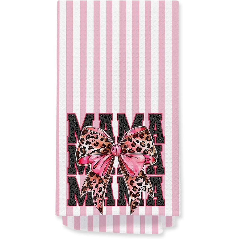 Coquette Leopard Bow Highland Cow Kitchen Towels, Highland Cow Dish Tea Towels for Kitchen, Trendy Cheetah Print Heifer Coffee Decorative Hand Towel Coquette Leopard Bow Mama