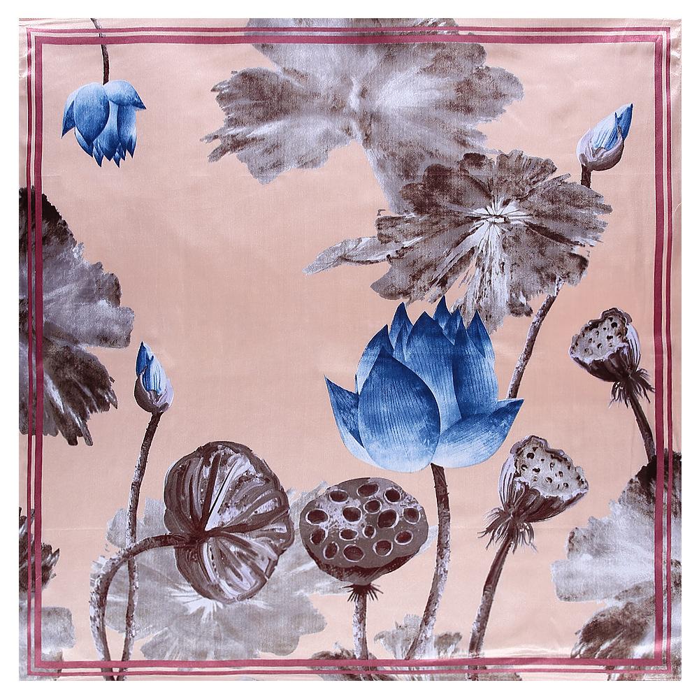 90cm Retro Chinese Style Lotus and Leaf Ladies Imitation Silk Square Scarf Hijabs For Women