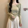 women floral applique ruched knit top square neck long sleeve form fitting casual solid color asymmetrical hem blouse