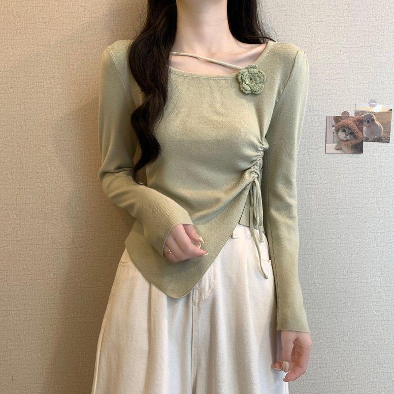 women floral applique ruched knit top square neck long sleeve form fitting casual solid color asymmetrical hem blouse