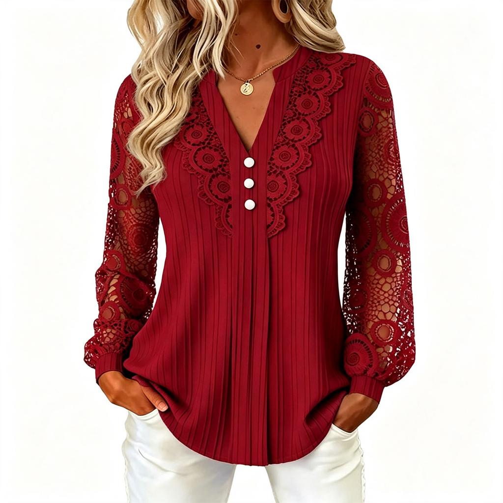 Women's Casual Lace V-Neck Long Sleeve T-Shirt Elegant Top for Everyday Wear