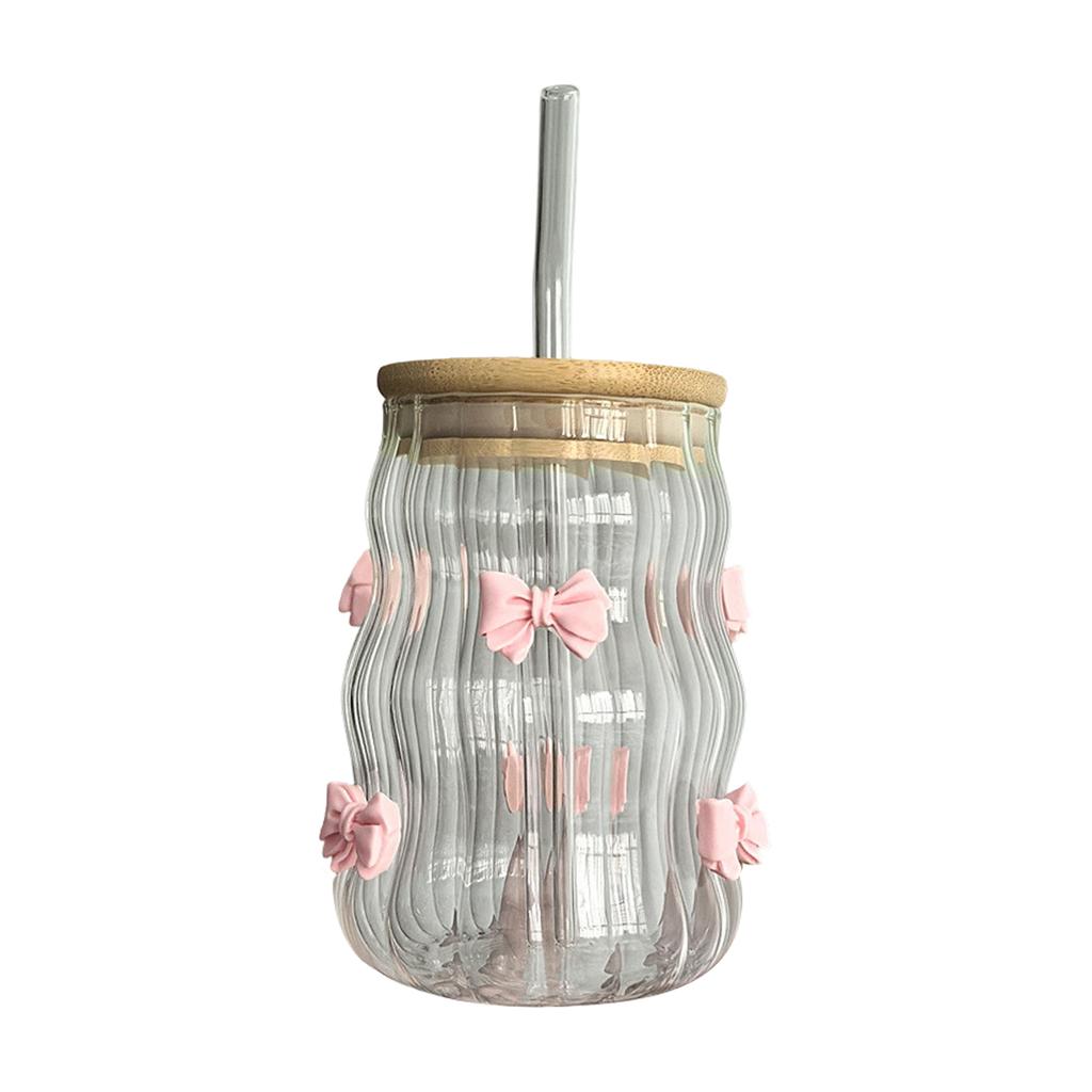 Bowknot Glasses Ribbed Glass Cups With Lids Straws And Bow For Iced Coffee 15oz Ideal Wavy Coffee Cups With Straws Glass Clear Ribbed Glasses