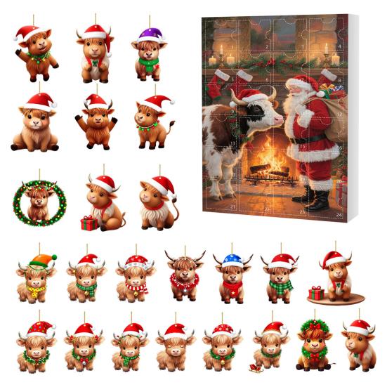 Scottish Highland Cow Advent Calendar Christmas 24 Days Funny Cow Countdown 2D Design Holiday