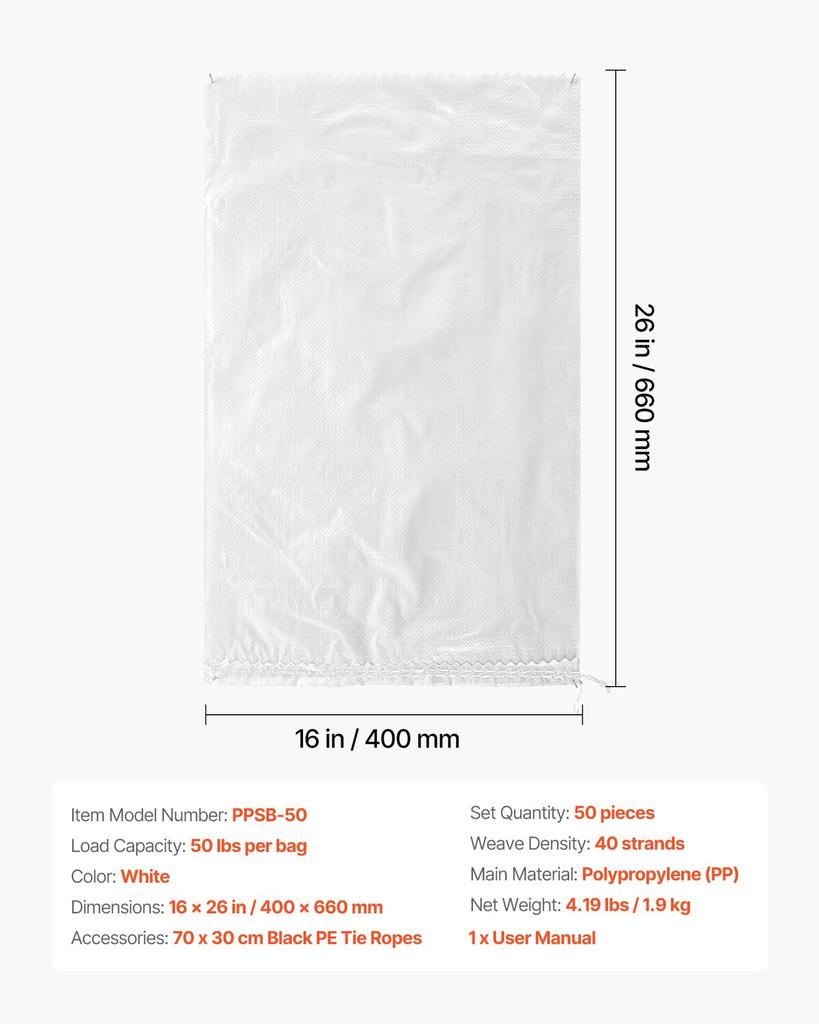 Empty Sandbags, 50 Packs 40 X 66 Cm, Heavy Duty Sand Bags Sacks with Ties, 22.6 Kg Capacity Woven Polypropylene Sandbags, Tear-Resistant &