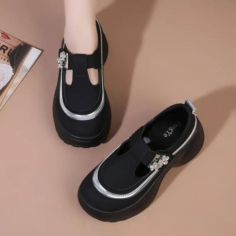 Plateau-Sneaker für Damen Trendiger dicker Boden Glitzer-Verzierung Freizeitschuhe für Damen Weiche klobige Klettverschluss Mary Jane Damenschuhe