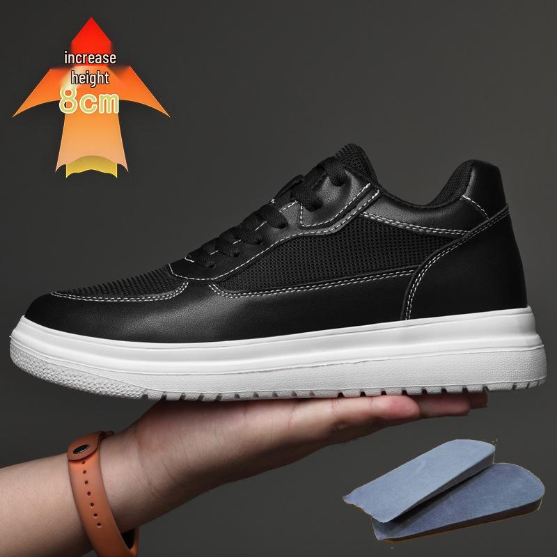 Men's Fashion Casual White Cowhide Sneakers with Invisible Height Boost (6CM and 8CM Options)