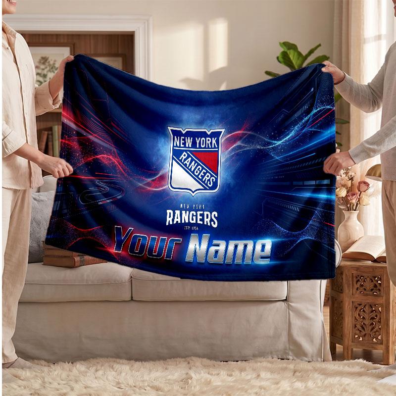 New York Rangers Flannel Blanket, Custom Name Text Personalized Soft Throw Blanket Home Decor Gift