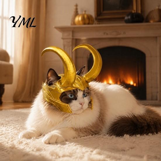 Pet Costume Accessories Cat Horn Crown Helmet, Golden Headpiece, with Ear Holes, Halloween Headgear Funny Cosplay Helmet for Theme Parties Photo Props