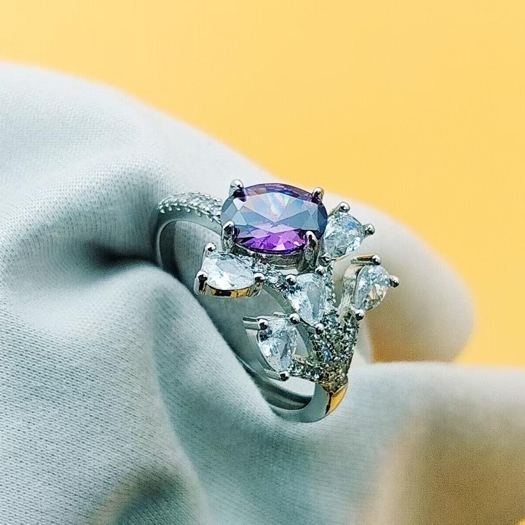 Super Flash Zircon Leaf Open Diamond Ring Female Design Sense Light Luxury Trendy Coconut Amethyst Ring