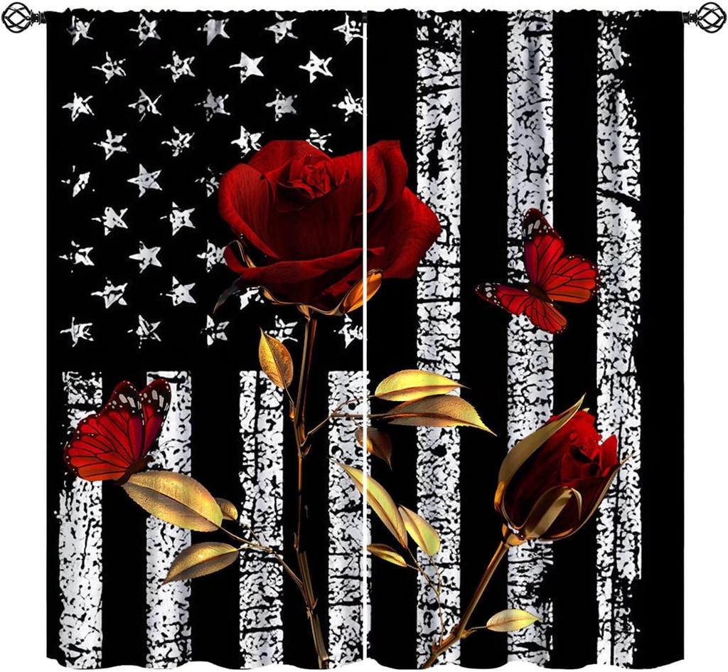 Farmhouse American Flag Curtains Boys Army Green Camo Vintage Stripe Us Print Window Kitchen Bedroom Curtain Polyester Ideal For Sleeping Area