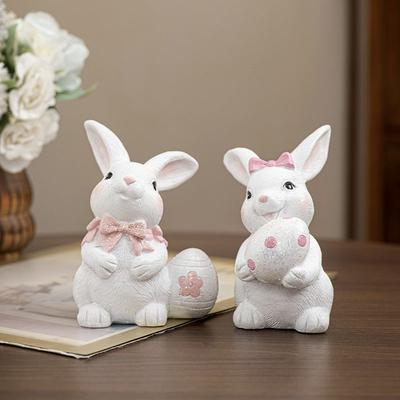 1pcs Easter Resin Rabbit Ornaments Egg-Holding Bunny Figurines Home Decor Crafts for Living Room Tabletop Festive Decoration