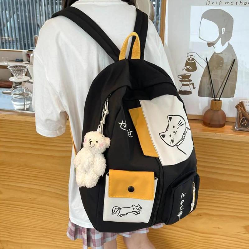 Korean Cute Cartoon Cat Women's Backpack Junior High School Students Schoolbag Large Capacity Nylon Waterproof Travel Backpack