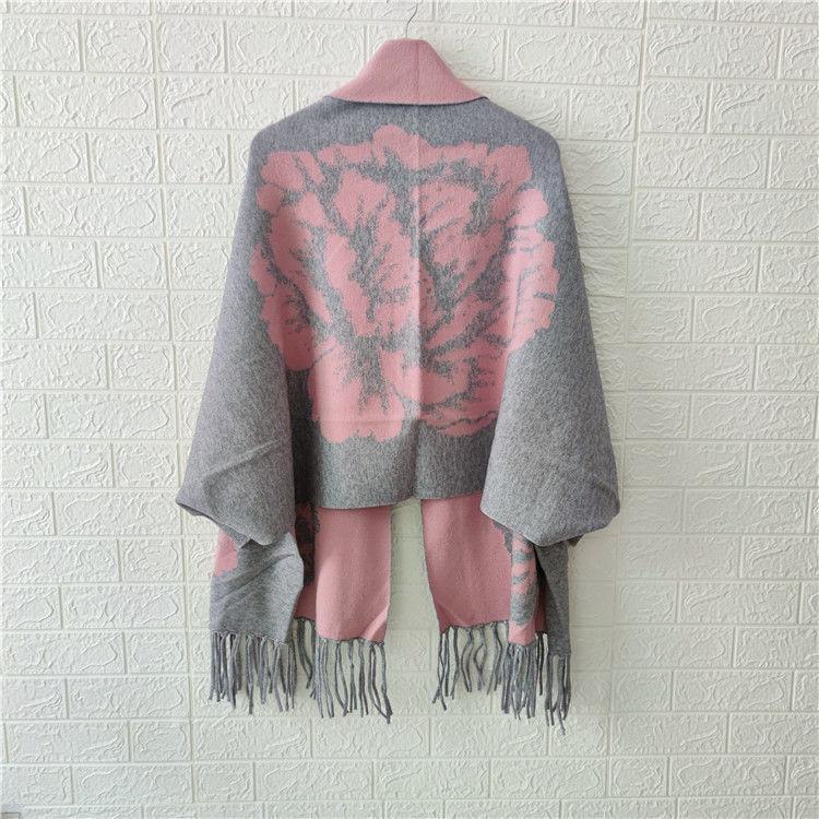 

Женское пончо 2022, осенне-зимний шарф из искусственного кашемира с пионом и бахромой, двусторонняя теплая накидка с длинными рукавами, женский топ One Size серый