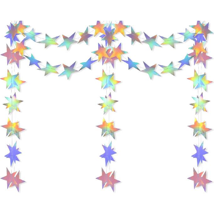 2 Pcs Star Garland Holographic Decor, Hanging Stars Decorations 6.56 Feet Star Streamers for Wedding Birthday Party Graduation Hanging Banner