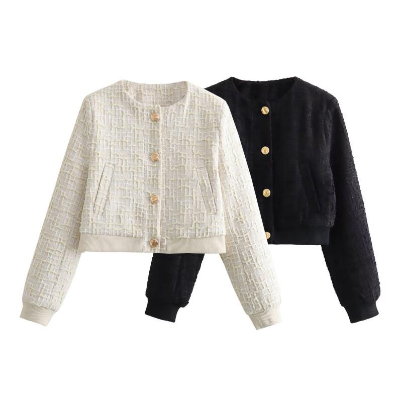 Womens Lightweight Corduroy Bomber Jacket With Round Neck Button Loose Fit Urban Chic Style