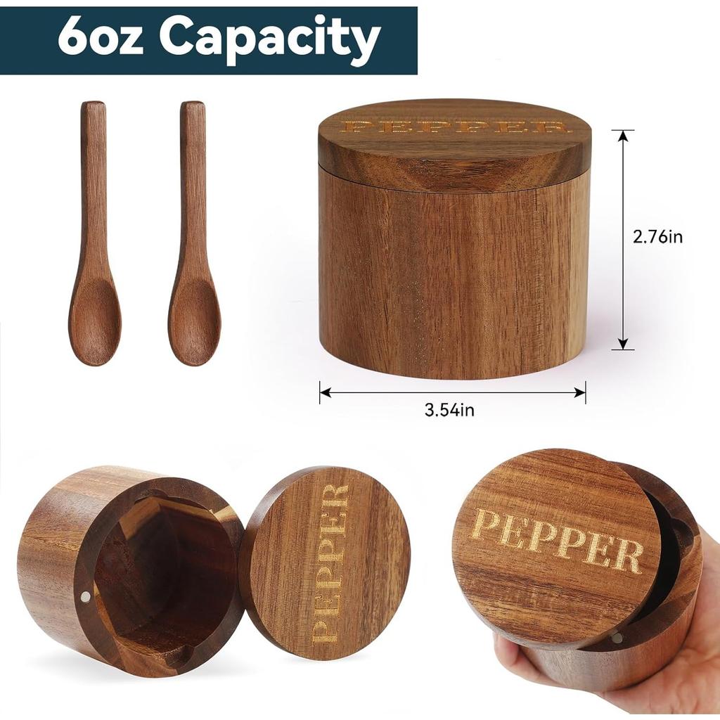 Bamboo Salt Cellar, 2 PCS Salt Container with Built-in Spoon, Salt Box Bowl with Magnetic Swivel Lid, Elegant Kitchen Salt Holder Saver Jar To Storage