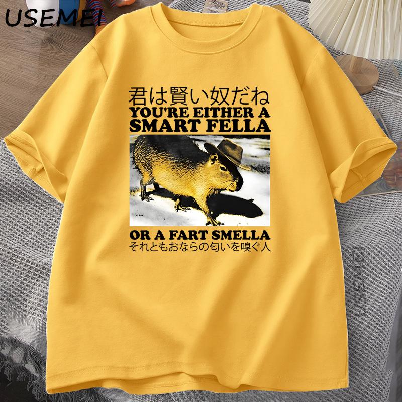 Retro Smart Fella Fart Smella Capybara TShirt Funny Cowboy Vintage Tshirt Japanese Style Silly Meme Tshirts Harajuku Clothes