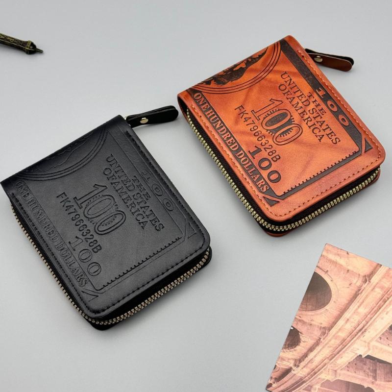 Men’s Short Zipper Wallet PU Leather Dollar Pattern Embossed Bifold Wallet Coin Pocket Card Holder Small Wallet
