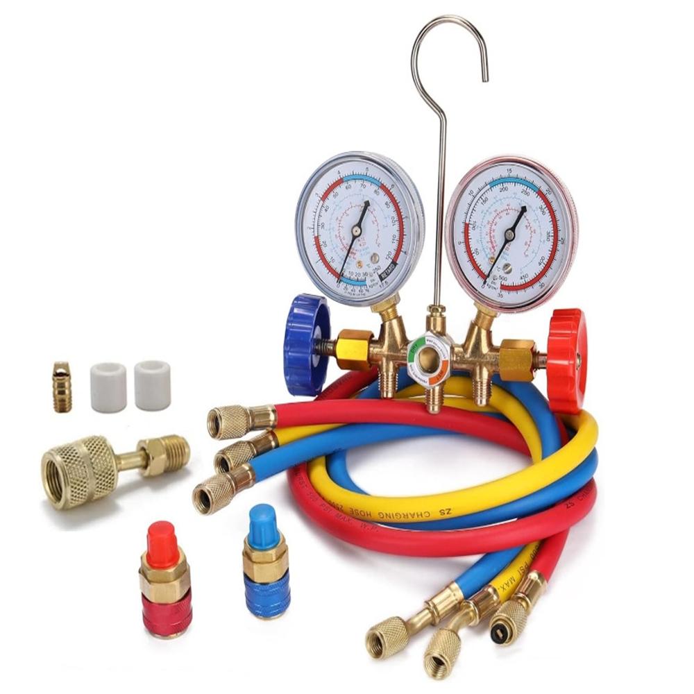 Manifold Gauge Set HVAC A/C Refrigeration Charging Service with Hoses Adjustable Couplers Adapter Can Tap For R32 410 22 134A
