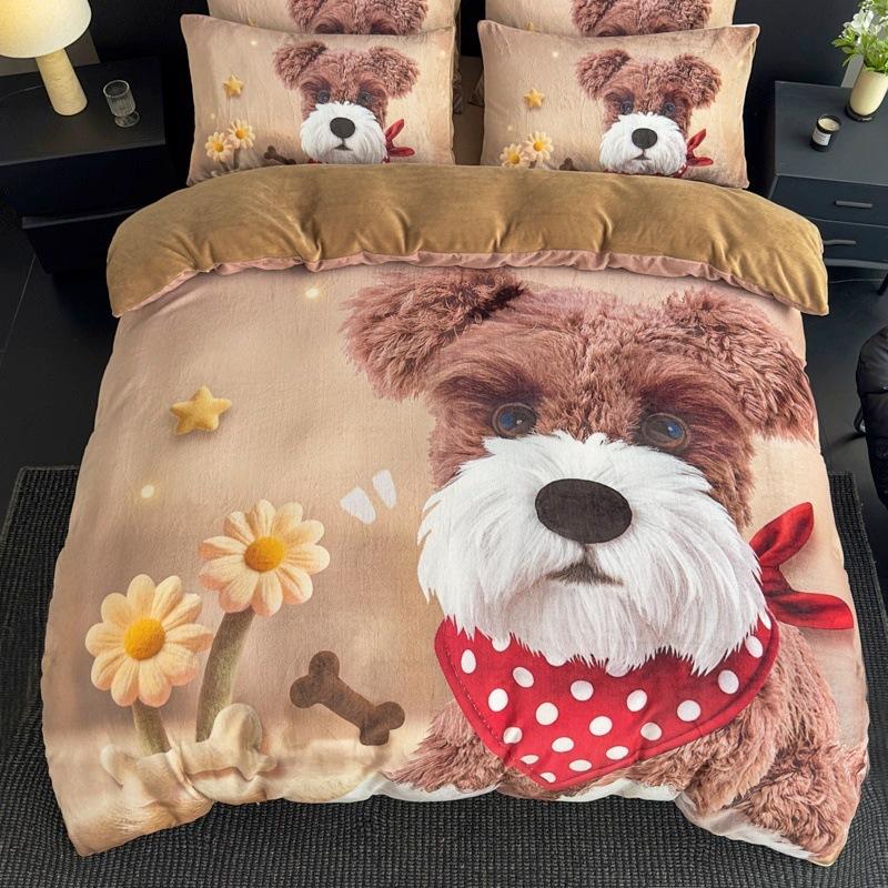 Milk Fleece Four-Piece Set, Large Version Digital Printing Cute Cartoon Single Double Quilt Cover, Bed Hat Three-Piece Set