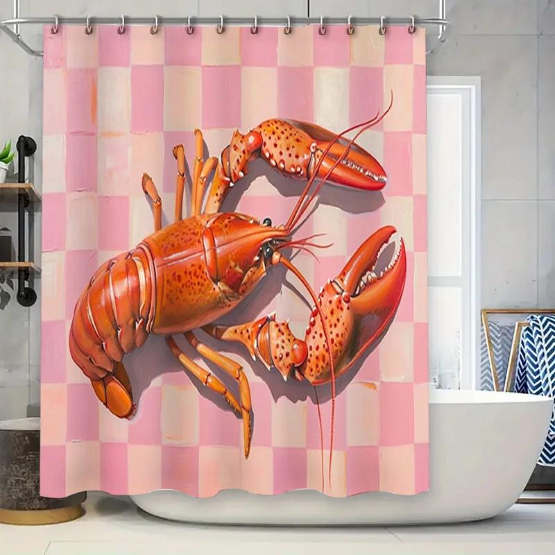 Printed Bath Curtains Pink Checkered Lobster Shower Curtain for Bathroom Decoration Waterproof Fabric Shower Panels Set with