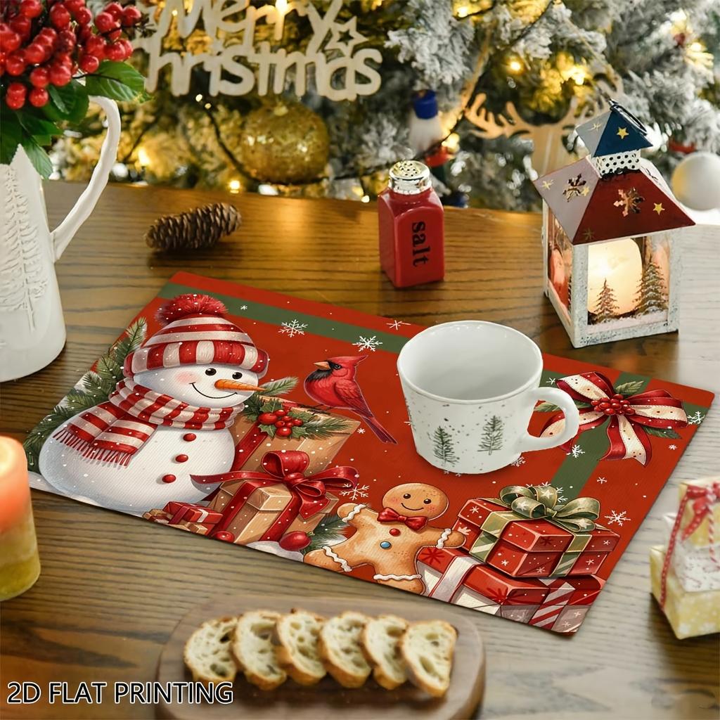 4pcs/6pcs Snowman Cardinal Gingerbread Table Placemats Suitable for Holiday Decorations, Rectangular Dining Mats with Gingerbread Men & Snowman Print,
