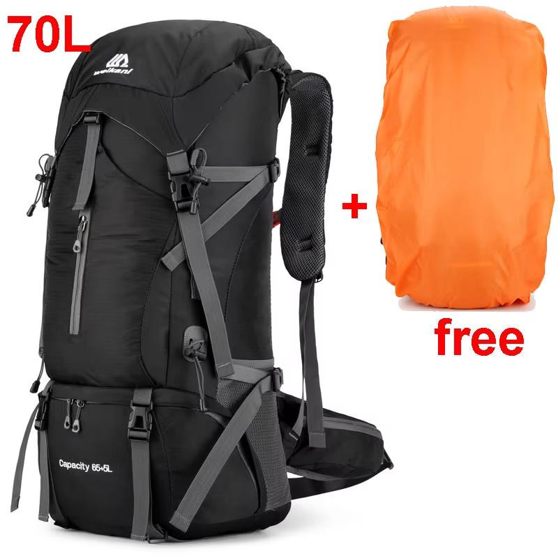 Sac à dos de Camping en Nylon 70L, sac de voyage avec housse de pluie, sac à dos de randonnée en plein air, sac à dos d'alpinisme pour hommes, sacs à bandoulière, bagages noir