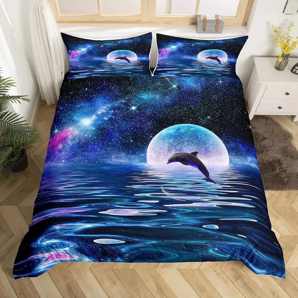 Blue Sea And Galaxy Duvet Cover Set Full,3D Whale Ocean Creatures Bedding Sets Space Starry Mysterious Nebula Comforter Cover
