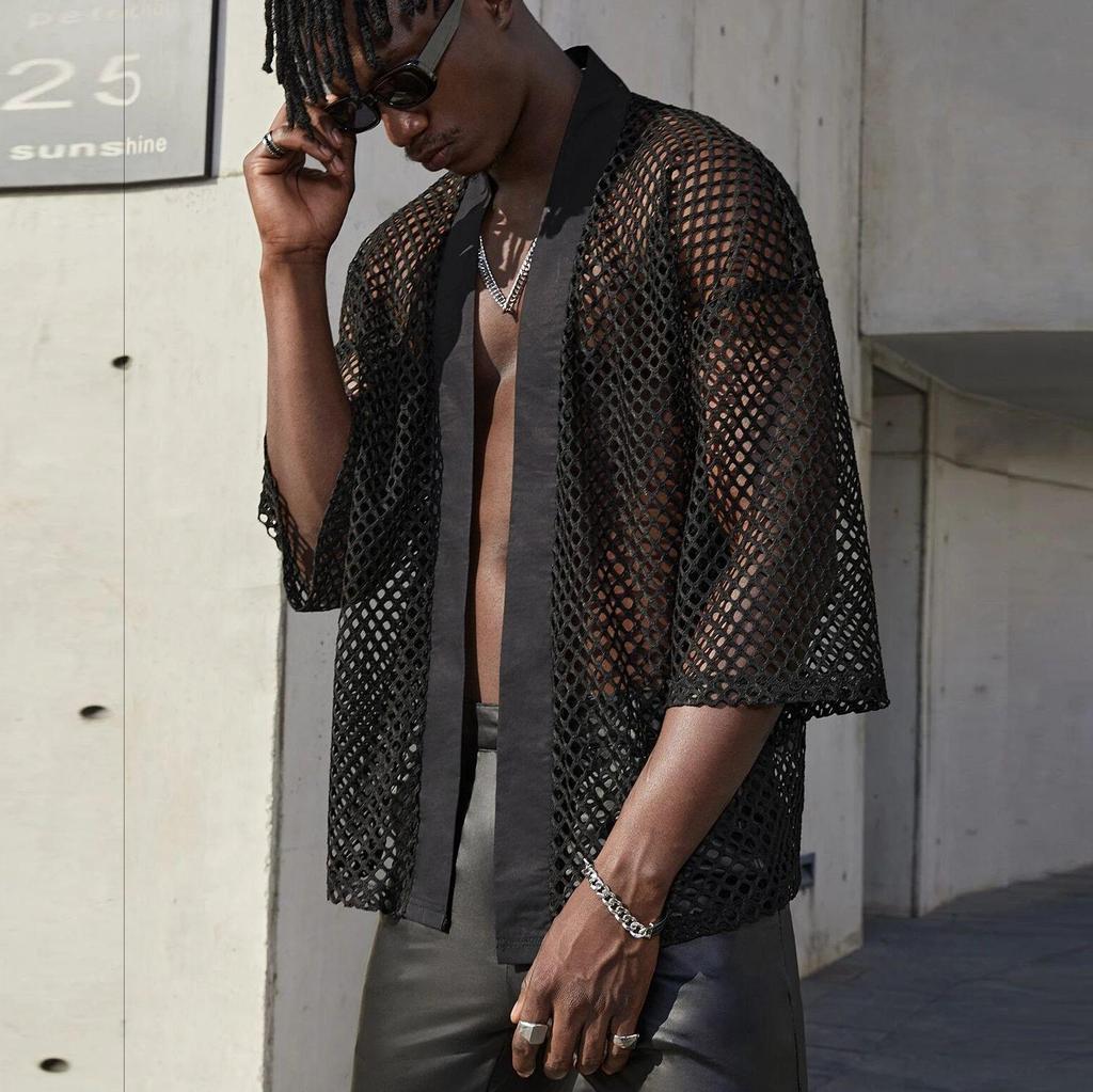 2026 Herren Netzoberteile Ausgeschnittenes T-Shirt Maskuliner Cardigan Schal Streetwear Modebekleidung Oberteil Hemd Herren Chemise Homme