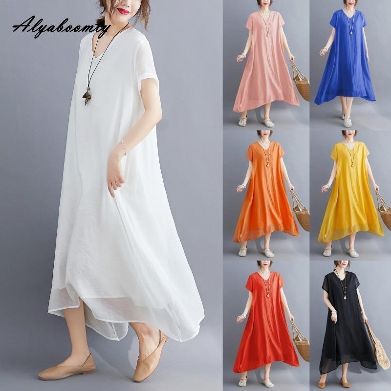 Korean Style Plus Size Summer Women Midi Dress V Neck Black White Pink Blue Yellow Orange Loose Dress Short Sleeve Casual Basic Ladies' Dress