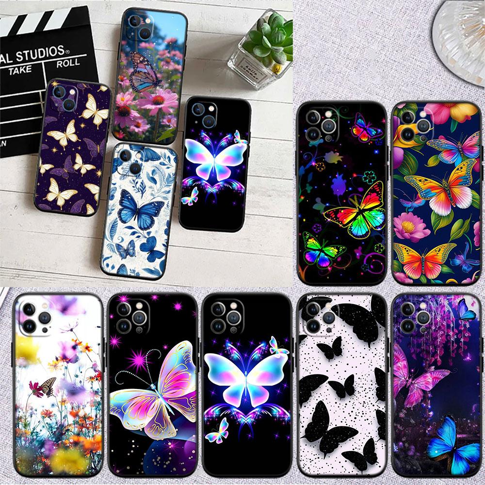FM17 Colorful Butterfly Soft Shell Phone Case for iPhone 16 15 14 13 12 Pro Max Plus Mini