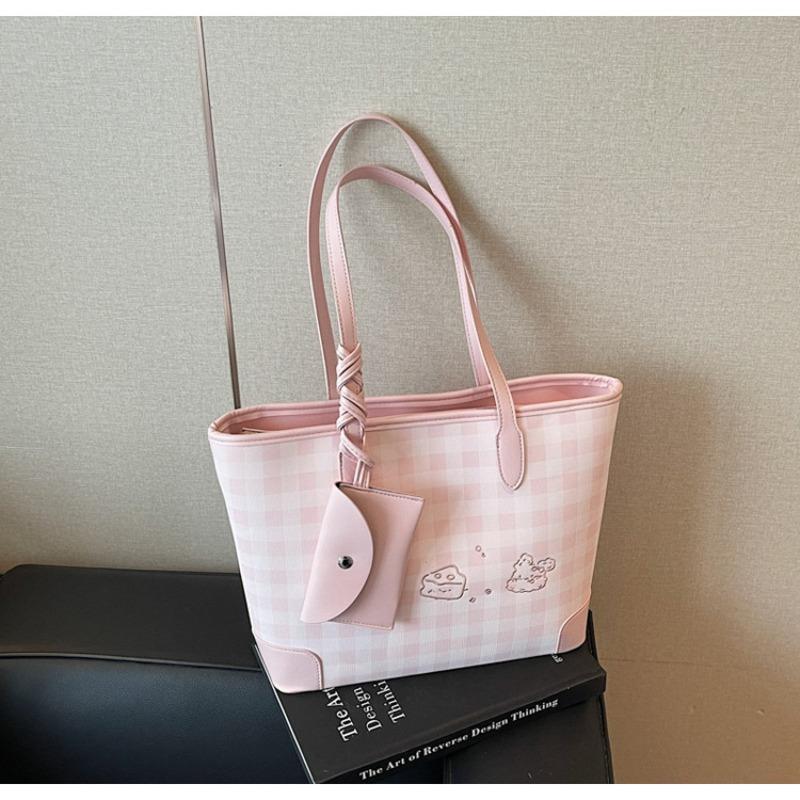 Large-capacity Bag Women's Summer Versatile New Casual Plaid Shoulder Bag Textured Commuter Tote Bag