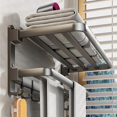 Bi-Fold Towel Rack with Bar Holder Shelf Movable Hooks Rust Proof Towel Storage Wall Mount Bathroom  Hook Towel Holder Wall Mount AluminumTowel Rack