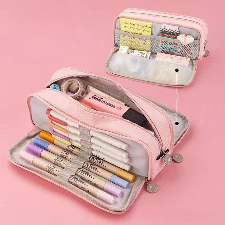 Kawaii Pencil Case Large Space Storage 3 Compartment Pouch Double Side Opened Student Stationery Desk Organizer School Supplies