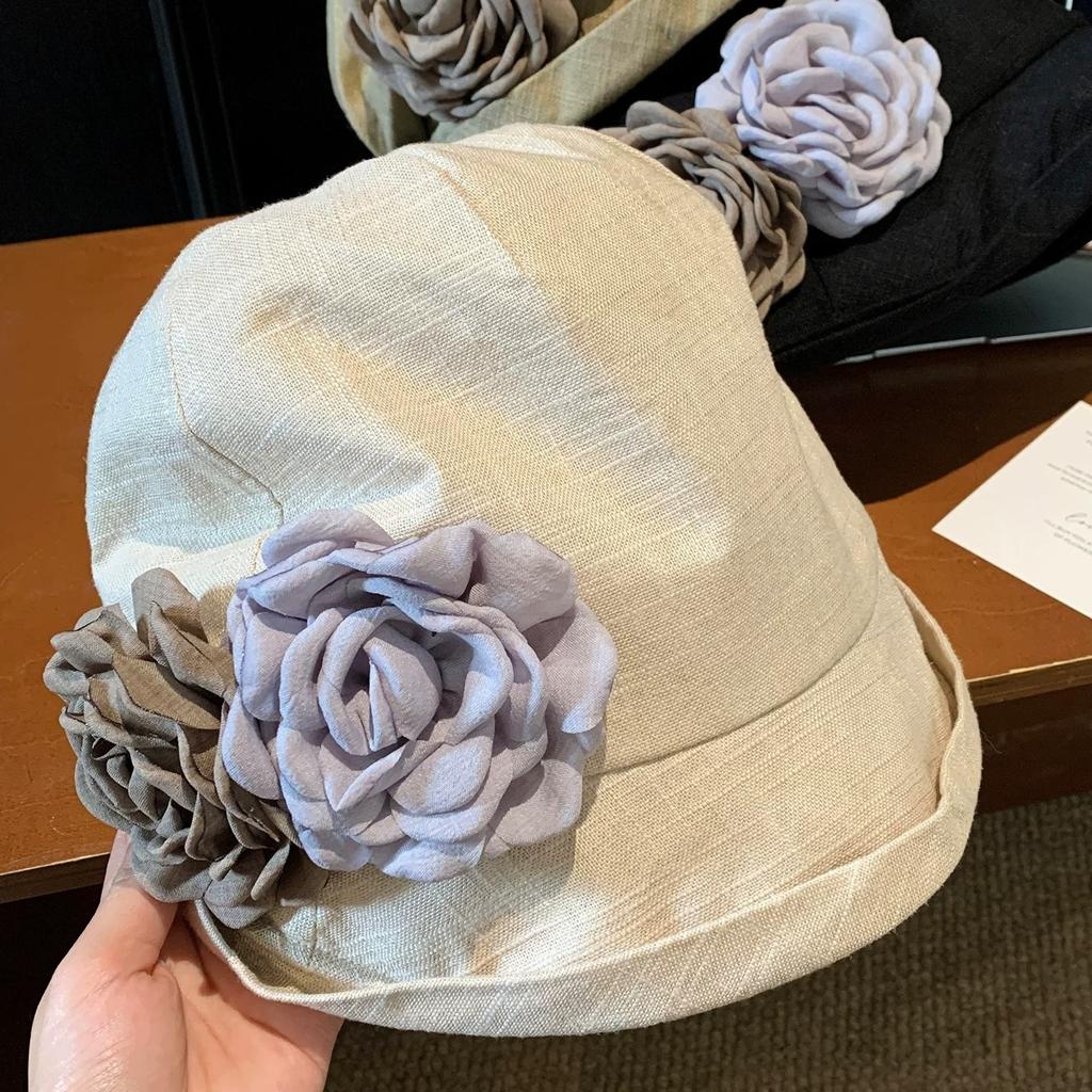 Linen Flower Bucket Hat Women's Spring and Summer Thin Large Brim Sunshade Sunscreen Hat Big Head Circumference Small Bucket Hat