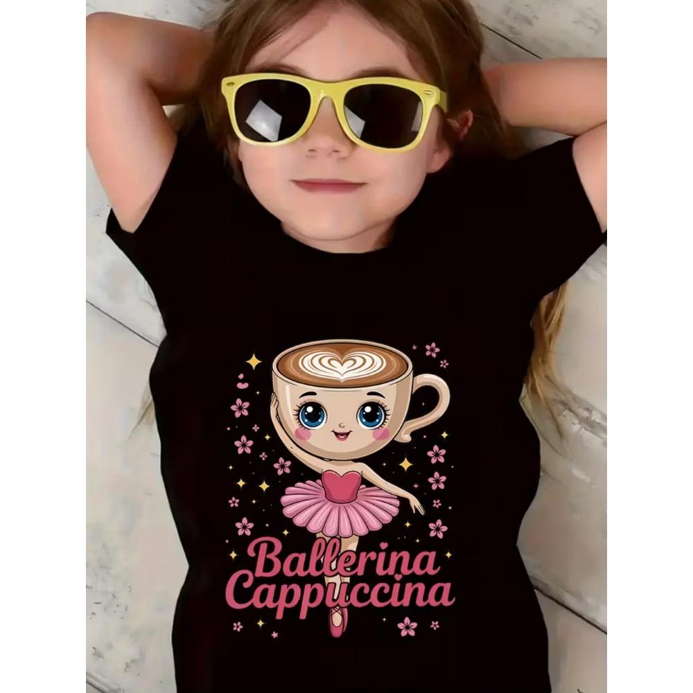 Ballerina Cappuccina Mädchen T-Shirt Italienischer Brainrot Lustige Kinder T-Shirts Sommermode Kurzarm Tops für Kinder Niedliche Kleidung