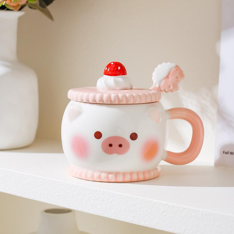Creative Cute Cartoon Ceramic Mug Pink Girl Heart Gift Cup Water Cup with Lid Spoon Pig Cat Cup