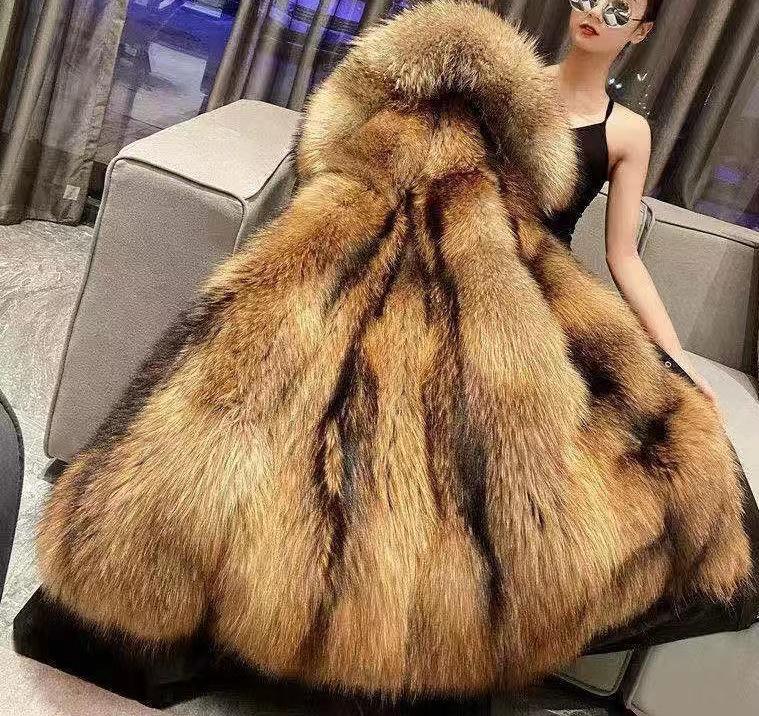 Women's Mid-Length Cotton Coat with Removable Faux Raccoon Fur Liner - Thickened, Plus Size