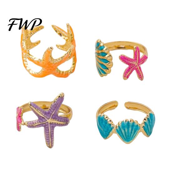 Conjunto de Anillos Apilables 4 Piezas/Set Serie Océano, Múltiples Estilos Diseño de Estrella de Mar y Concha Anillos Apilables Anillo de Dedo, Aleación Ajustable para Regalo de Joyería Tamaño
