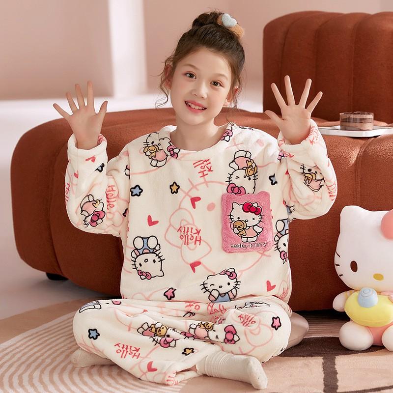 Girls Flannel Pajama Set Cartoon Warm Homewear Kids Winter