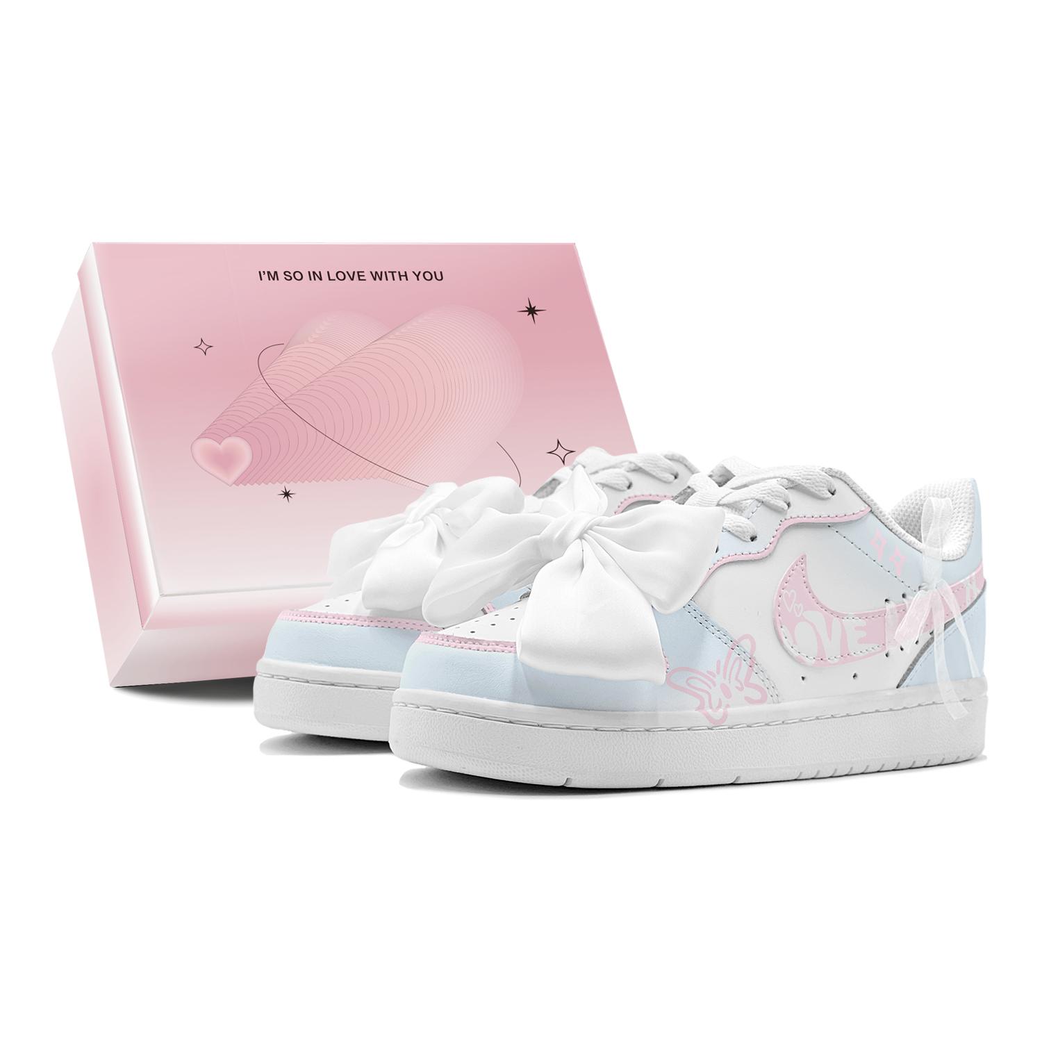 

Nike Court Borough Intense Love, Dreamy Colorful Butterfly, Bowknot Detachable Low top Skateboard Shoes GS Pink Blue BQ5448-100(TeamS2-S-BOX) 40