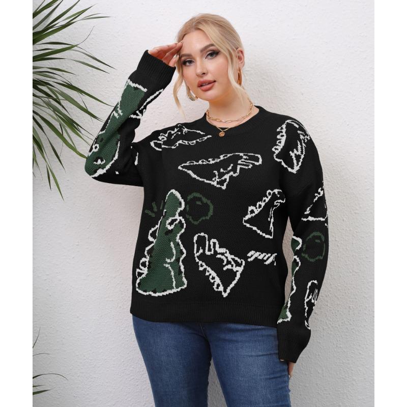 Plus Size Women S Thick Knit Dinosaur Print Pullover Sweater