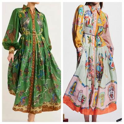 Yeni Avrupa ve Amerikan Kadın Modası Retro Fener Kol Baskılı Uzun Kollu Salıncak Elbise Kadın