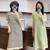 Trendy Mom Ice Silk Maternity Dress - Short Sleeve, Striped, Loose-Fit Nursing Attire for Summer