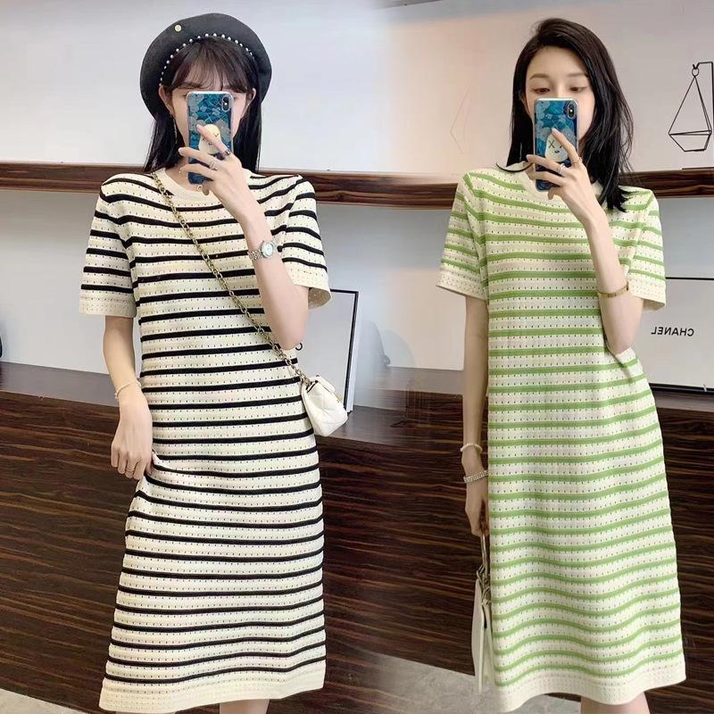 

Trendy Mom Ice Silk Maternity Dress - Short Sleeve, Striped, Loose-Fit Nursing Attire for Summer XL