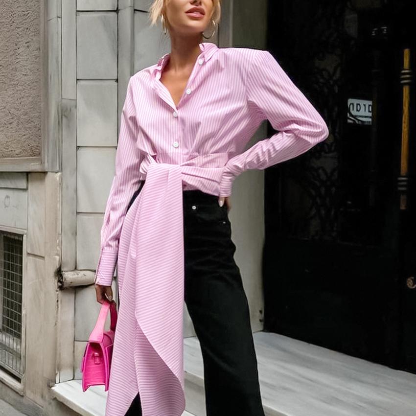 

Осень Нишевая Рубашка в Полоску с Длинным Рукавом на Шнуровке Женская Мода Европейский и Американский Стиль Повседневный Топ L розовый