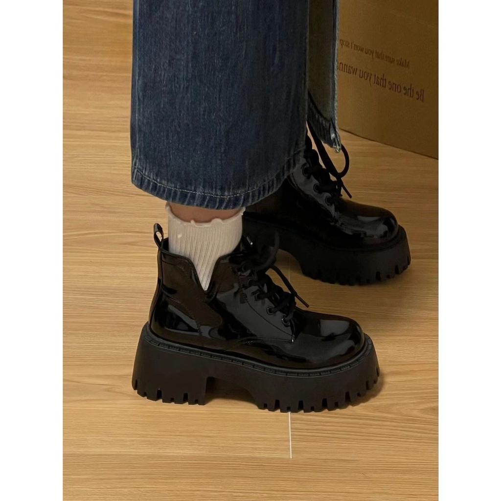 Black Patent Leather Martin Boots Women's 2025 Autumn New British Style Thick-soled Heightened Popular Locomotive Boots Retro Short Boots