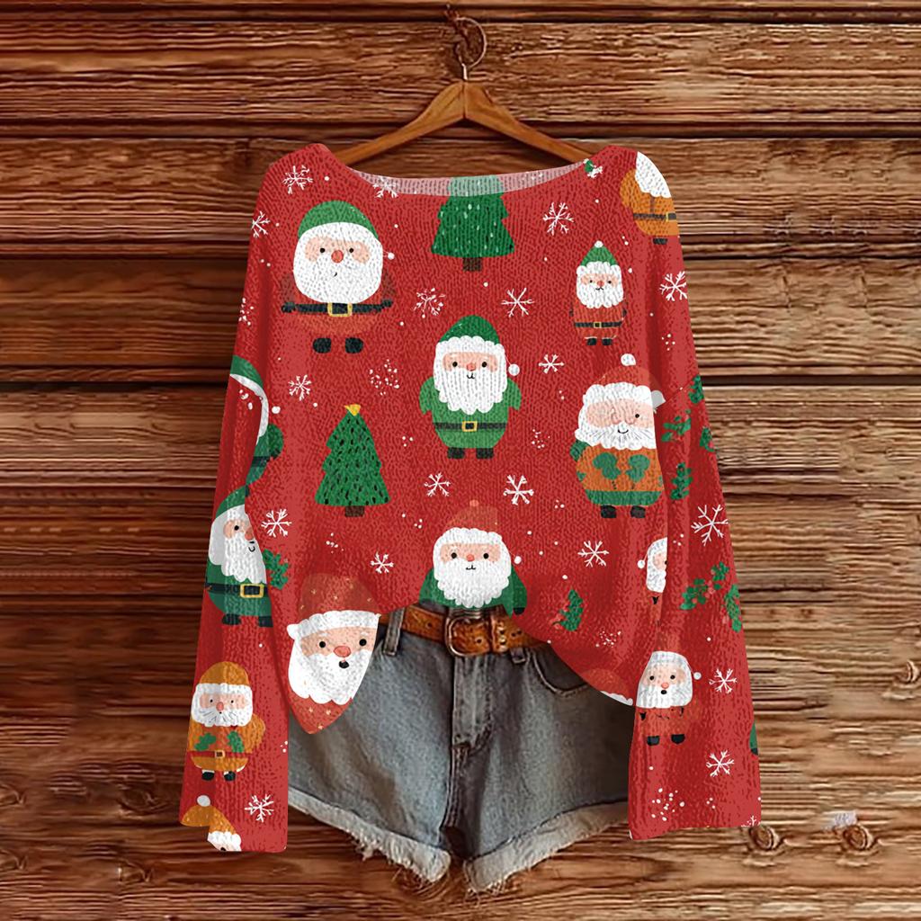 Women's Round Neck Lightweight Sweater Casual Long Sleeve Christmas Print Knit Pullover