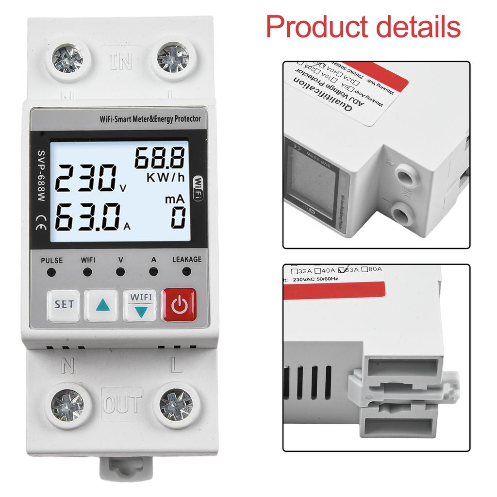 For Smart Home WiFi Backlight Leakage Protector Energy Meter Clearable KWh Reading Adjustable Overvoltage 240-300V